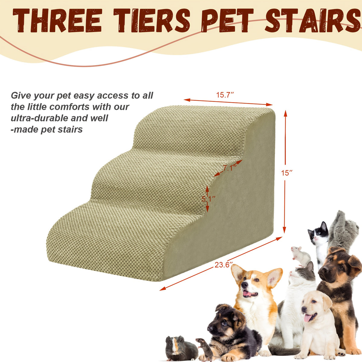 Memory Foam Dog Steps with Washable Cover, 2-Step Pet Stairs with Non-Slip Bottom and Textured Surface for Sofa and Bed Access, Brown or Camel