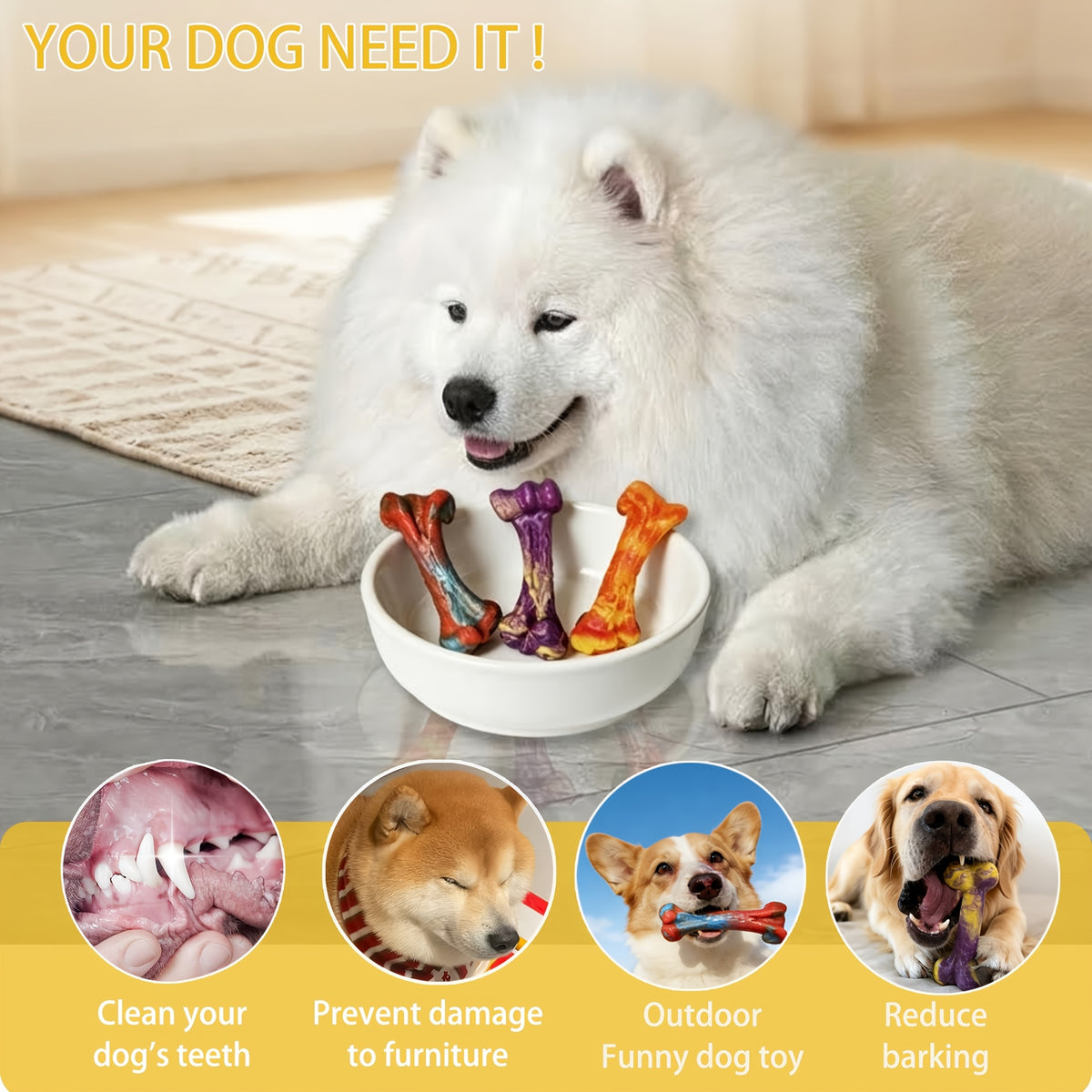 Beef-Scented Dog Chew Toys 3-Pack, Textured Bone-Shaped Chewing Toys for Medium and Large Dogs, Purple Red Orange Supervised Play Set