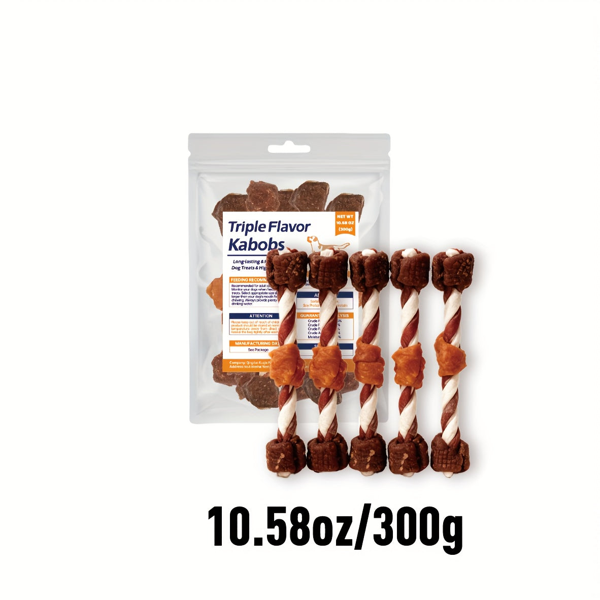 Dog Chew Kabobs with Chicken, Beef and Liver, Triple Flavor Dog Treats for Supervised Snack Time in 100g, 300g, 600g and 900g Packs