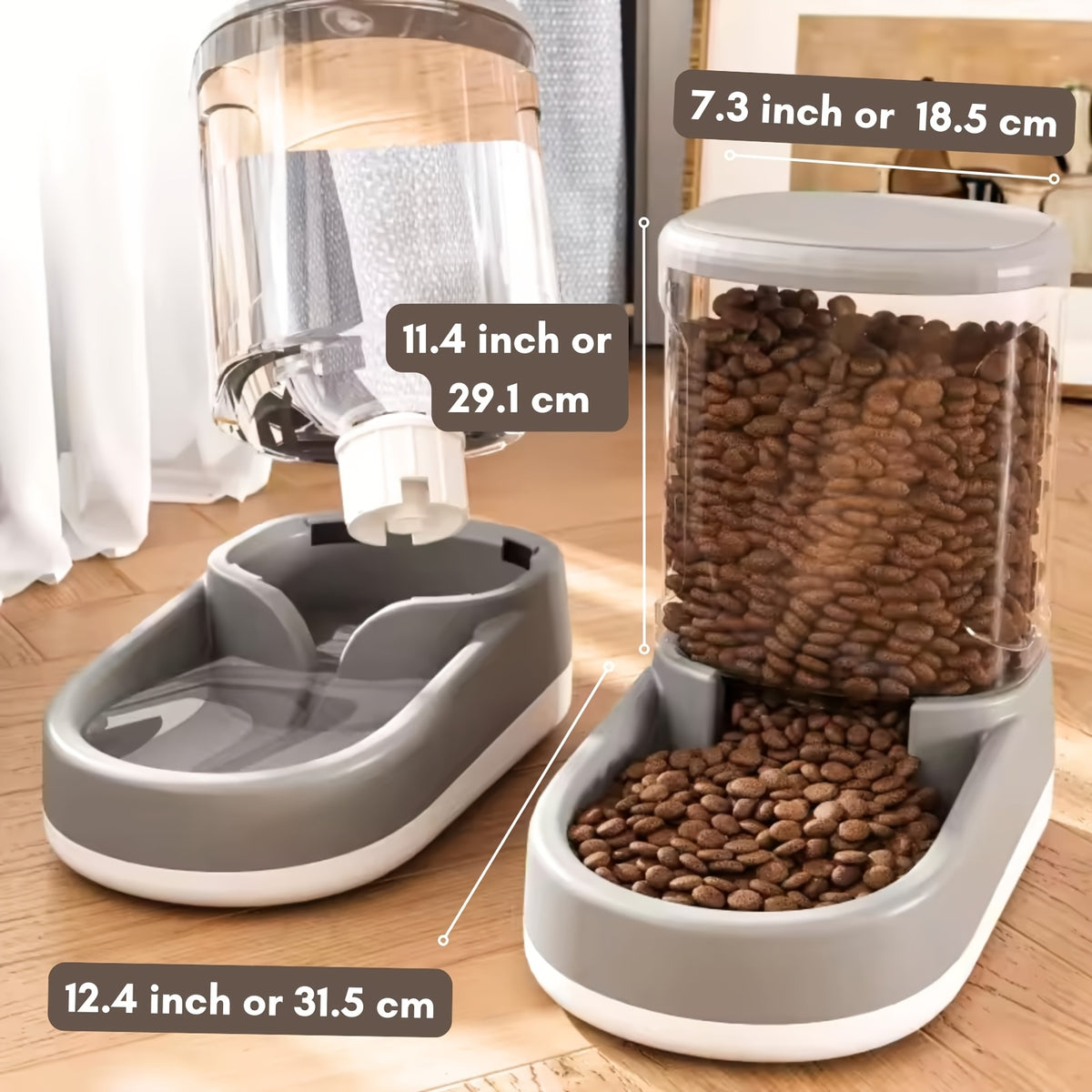 Automatic Dog Feeder and Waterer Set, 2-Piece Plastic Gravity Food and Water Dispensers with Clear Reservoirs for Small, Medium and Large Dogs
