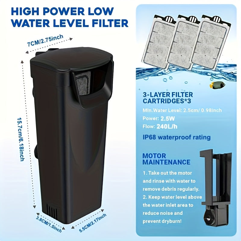 Low Water Level Turtle Tank Filter, 74 GPH 2.5W Aquarium Filter for Small Fish Tanks up to 15 Gallons with 4 Replacement Cartridges
