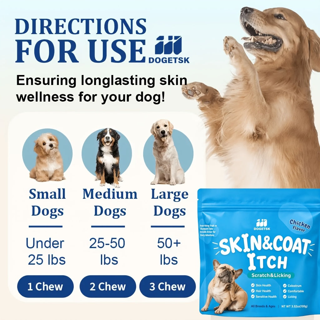 Dog Omega-3 Chew Tablets in Portable Pouches, Chicken Flavor Canine Supplement with Listed Coconut Oil and Brewer's Yeast, 100g or Two-Pack