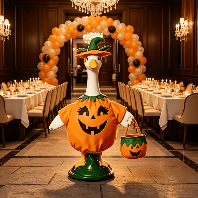 Porch Goose Pumpkin Costume for 23-Inch Decorative Goose, 3-Piece Halloween Outfit with Hat and Pumpkin Tote Bag for Fall Entryway Decor