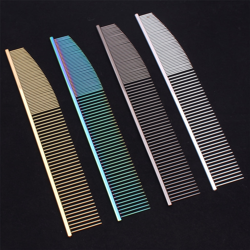 Coarse and Fine Pet Grooming Comb with Stainless Steel Teeth and Aluminum Handle, Manual Dog and Cat Coat Care Tool with Four Color Options