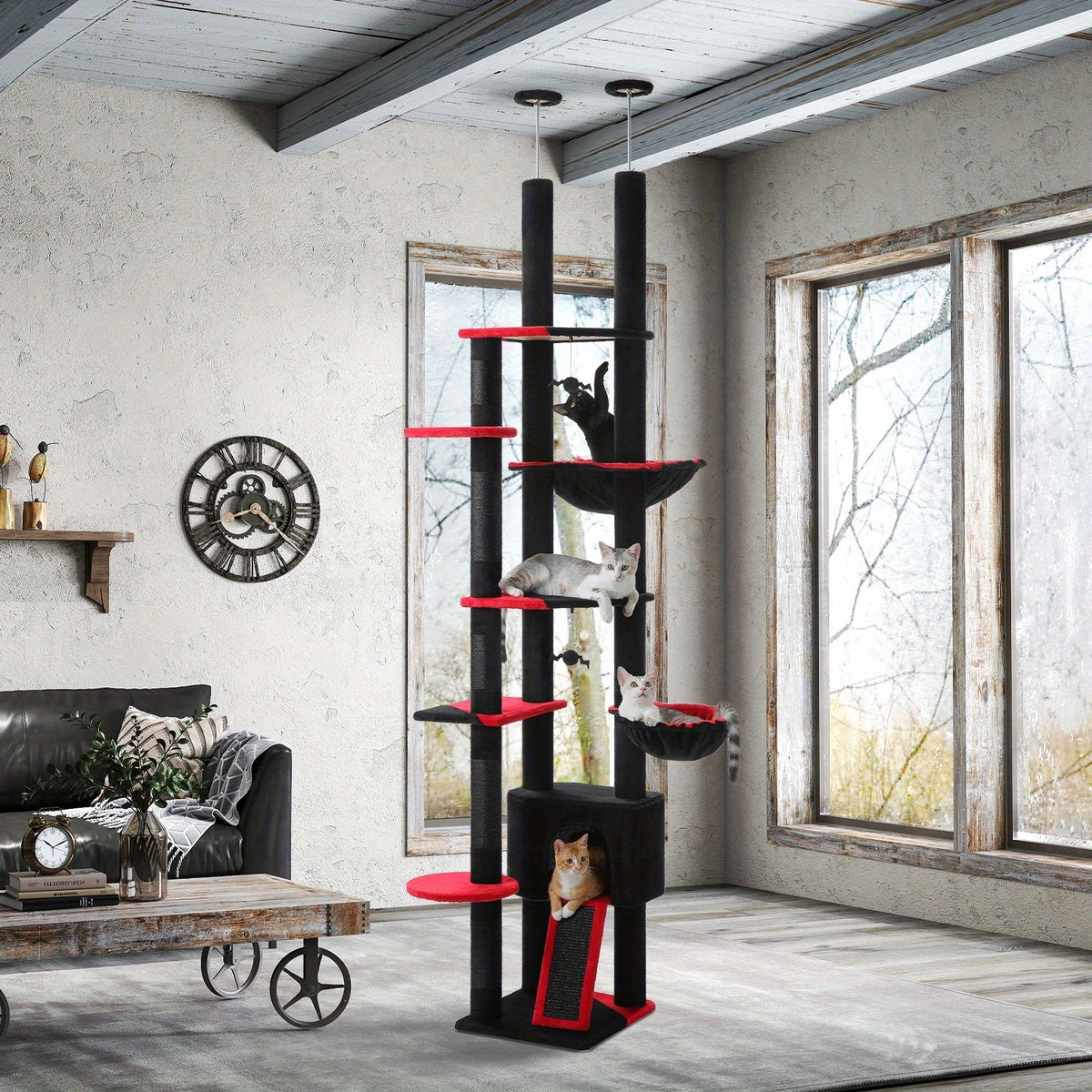 Adjustable Floor to Ceiling Cat Tree 90.5–100.4 Inches, Dual Top Support Indoor Tower with Condo, Hammocks, Climbing Platforms and Scratching Posts