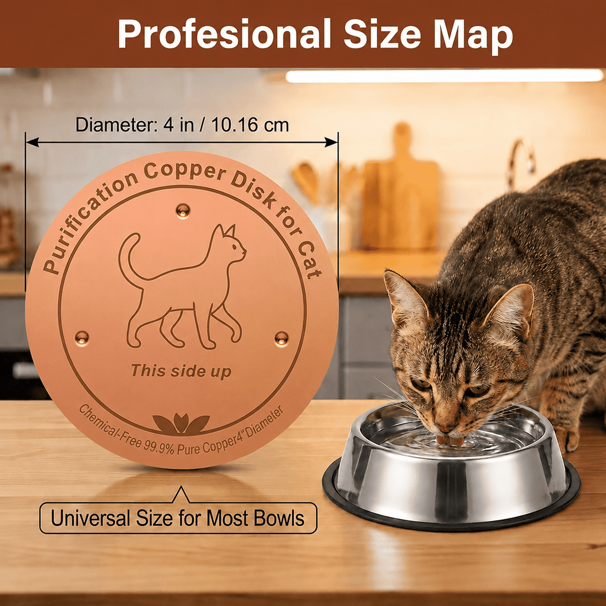 Copper Pet Bowl Insert, 1-Piece 4-Inch Cat Pattern Disc with Three-Point Support, Reusable Battery-Free Accessory for Compatible Watering Setups