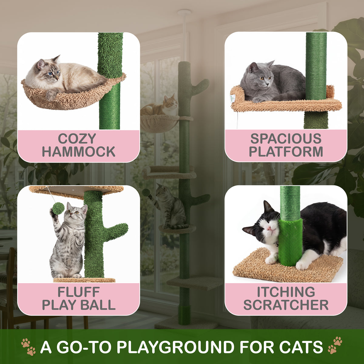 Floor to Ceiling Cat Tree with Hammock, Adjustable Cactus Cat Tower with Sisal Scratching Post, Faux-Fur Platforms and Interactive Playball for Indoor Cats