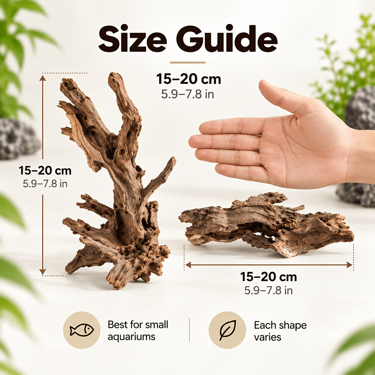 Aquarium Driftwood Single Piece, 5.9-7.87 Inch Random-Style Decorative Wood for Small Fish Tank Aquascaping and Nature-Inspired Underwater Layouts