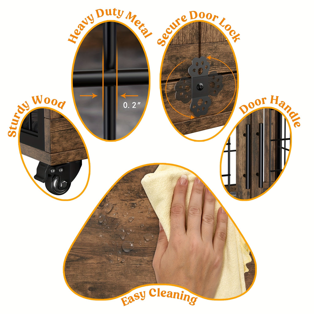 Wooden Dog Crate Furniture with Cushion Mat, 4 Sizes, Metal Bar Kennel End Table with Secure Lock, Reversible Side Door, Wheels or Anti-Slip Feet, Gray or Brown for S to XL Dogs