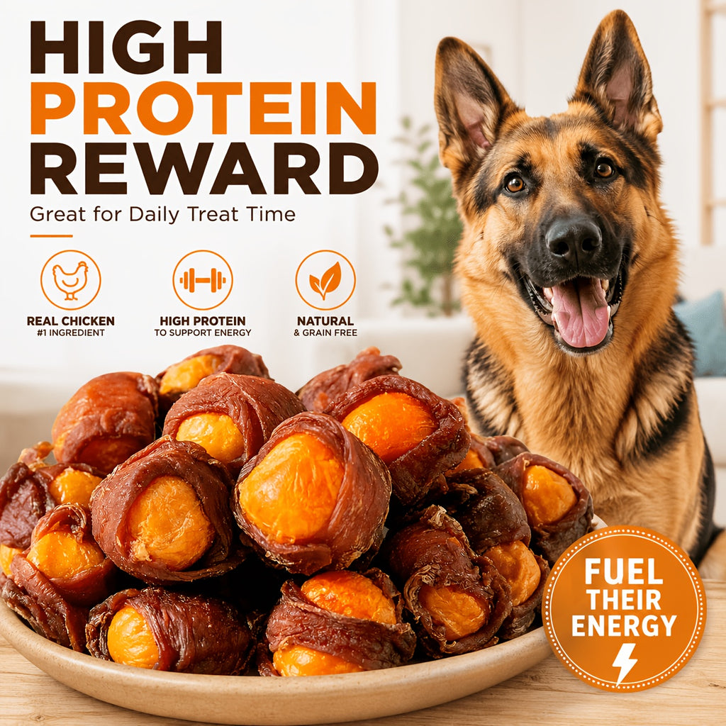 Meat Wrapped Egg Yolk Dog Treats, Chicken or Duck Flavor Chewy Reward Bites in 115g, 255g and 510g Options for Supervised Training and Snack Time
