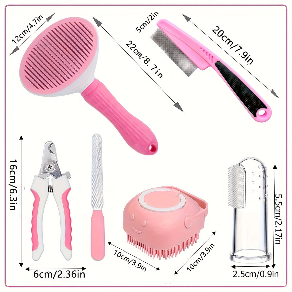 Dog Grooming Tool Set with Self-Cleaning Slicker Brush, Nail Clippers, Comb, Bath Brush and Finger Toothbrushes for At-Home Dog and Cat Care