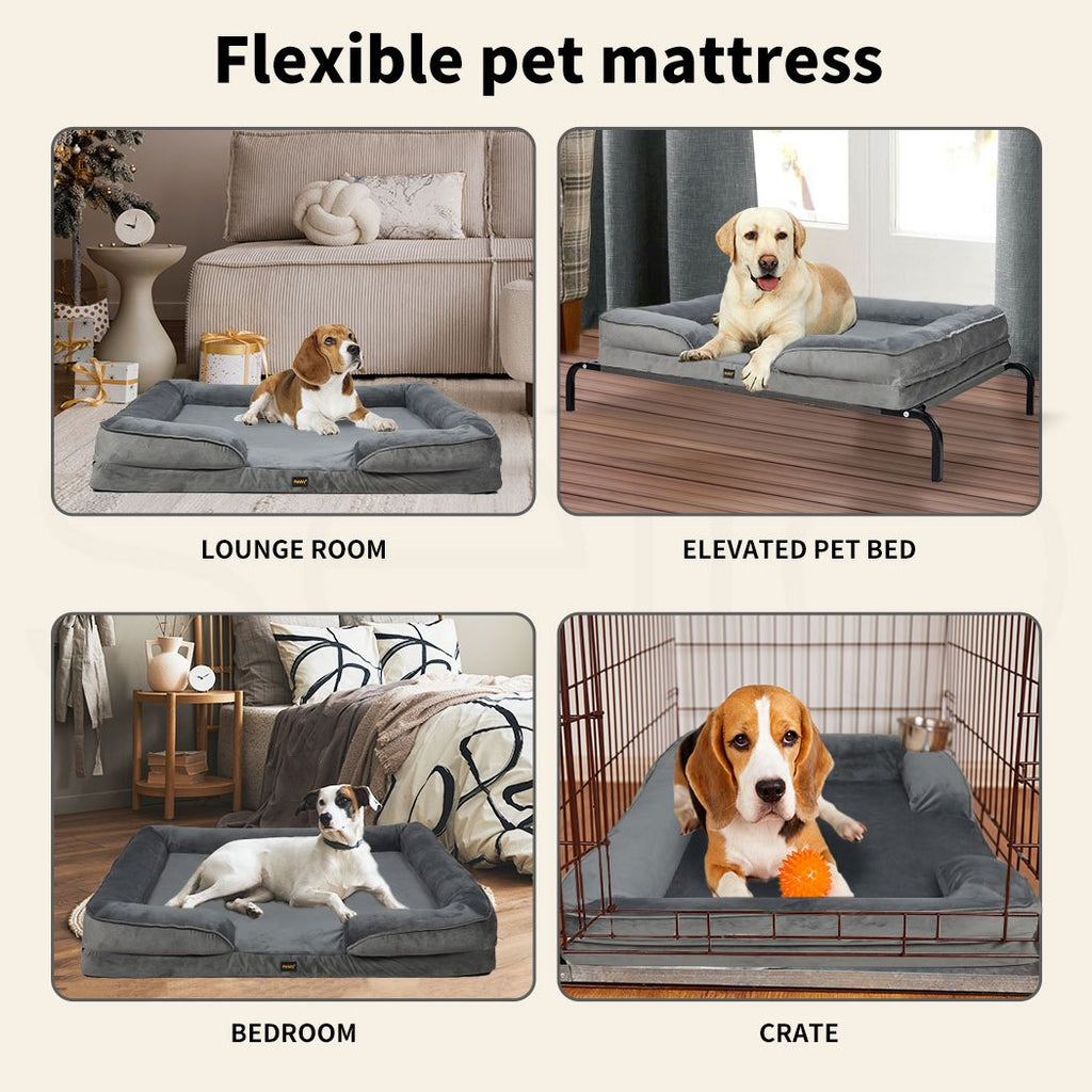 Orthopedic Bolster Dog Bed with Egg Crate Foam, Removable Washable Cover and Non-Slip Base, Gray Pet Sofa in 36, 42 and 48 Inch Sizes