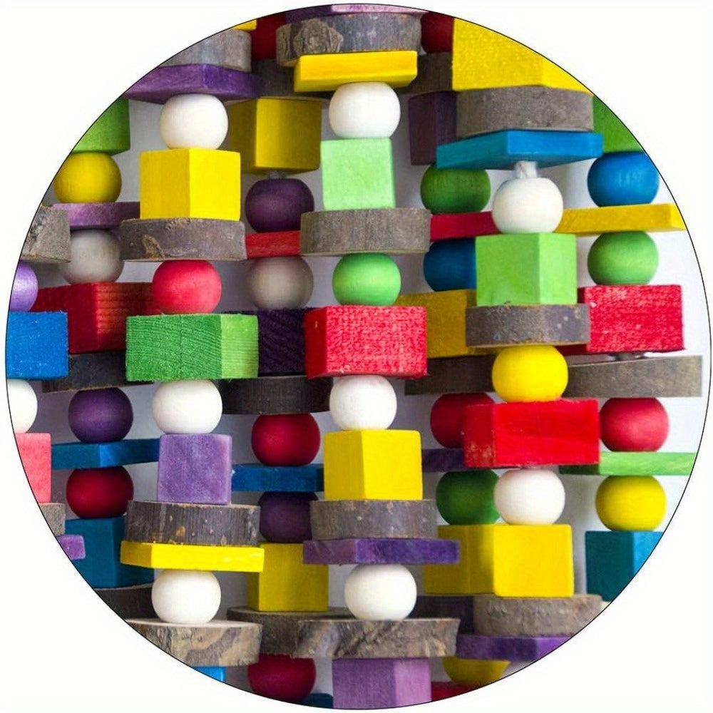 Hanging Parrot Chew Toy with Multicolored Wooden Blocks, 15.74 x 9.84 Inch Bird Cage Enrichment for Macaws, Cockatoos and African Greys