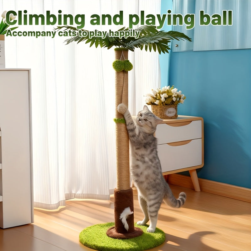 Palm Tree Cat Scratching Post, 36.3-Inch Sisal Scratcher with Two Hanging Balls and Plush Base for Indoor Cat Play and Apartment Living