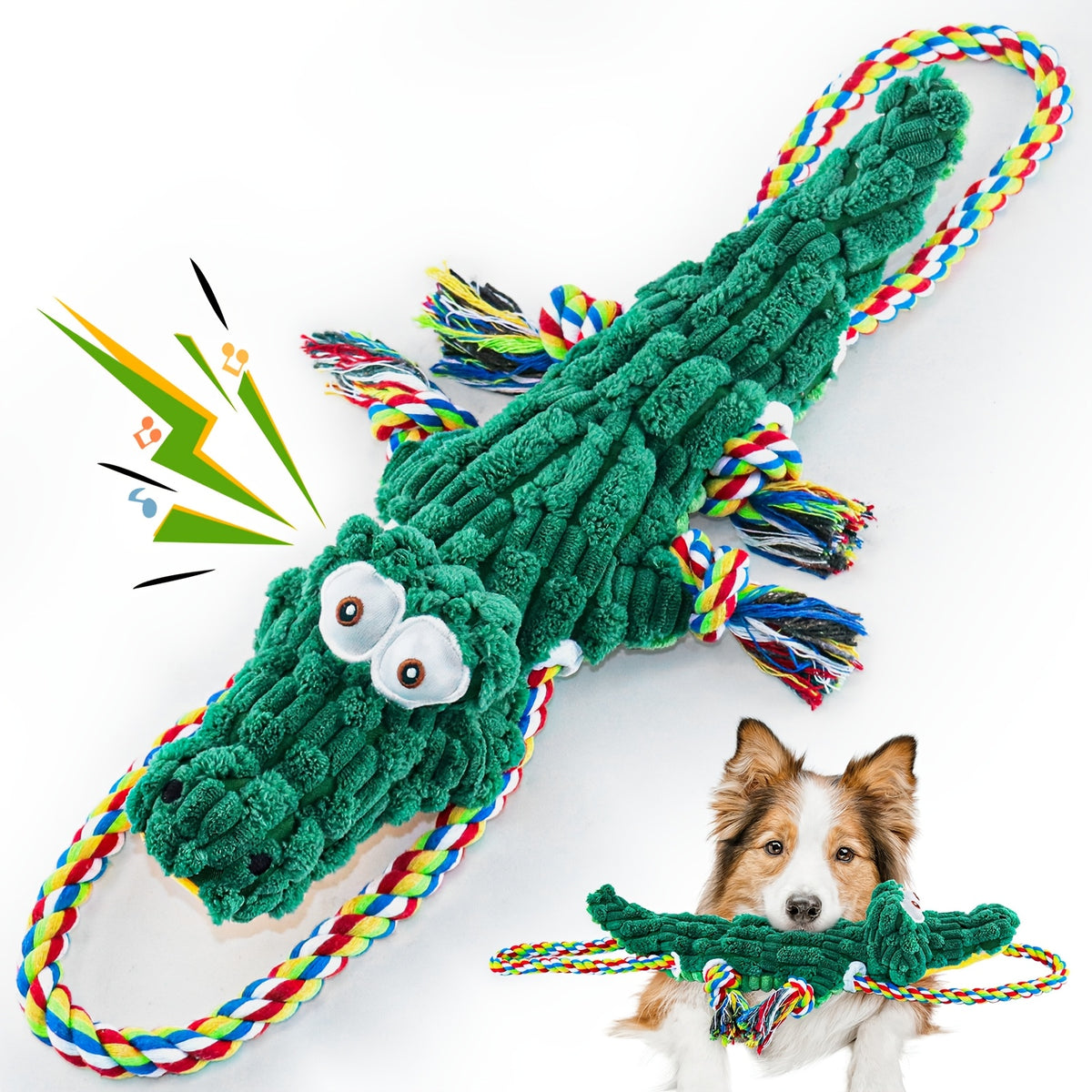 Squeaky Crocodile Rope Dog Toy in Green, Cotton Rope and Canvas Tug Toy with Two Knotted Ropes for Supervised Interactive Indoor and Outdoor Play