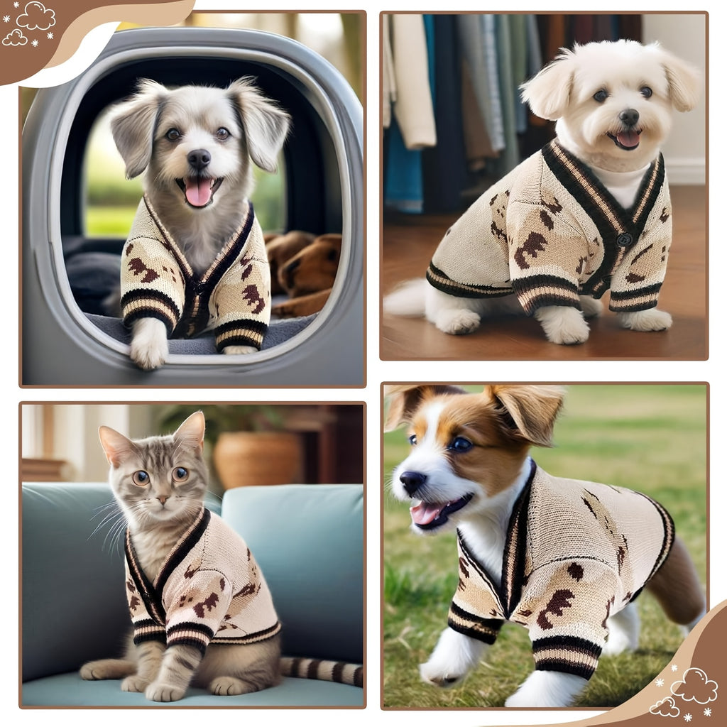 Bear Print Dog Cardigan Sweater with Button Closure, Beige Knit Pet Outfit with Contrast Ribbed Trim and Short Sleeves in M, L and XL Sizes