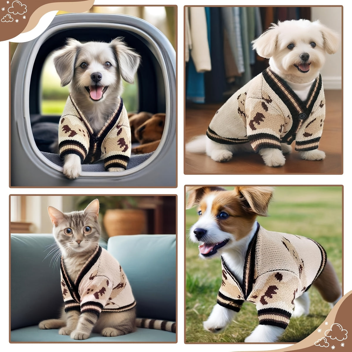 Bear Print Dog Cardigan Sweater with Button Closure, Beige Knit Pet Outfit with Contrast Ribbed Trim and Short Sleeves in M, L and XL Sizes