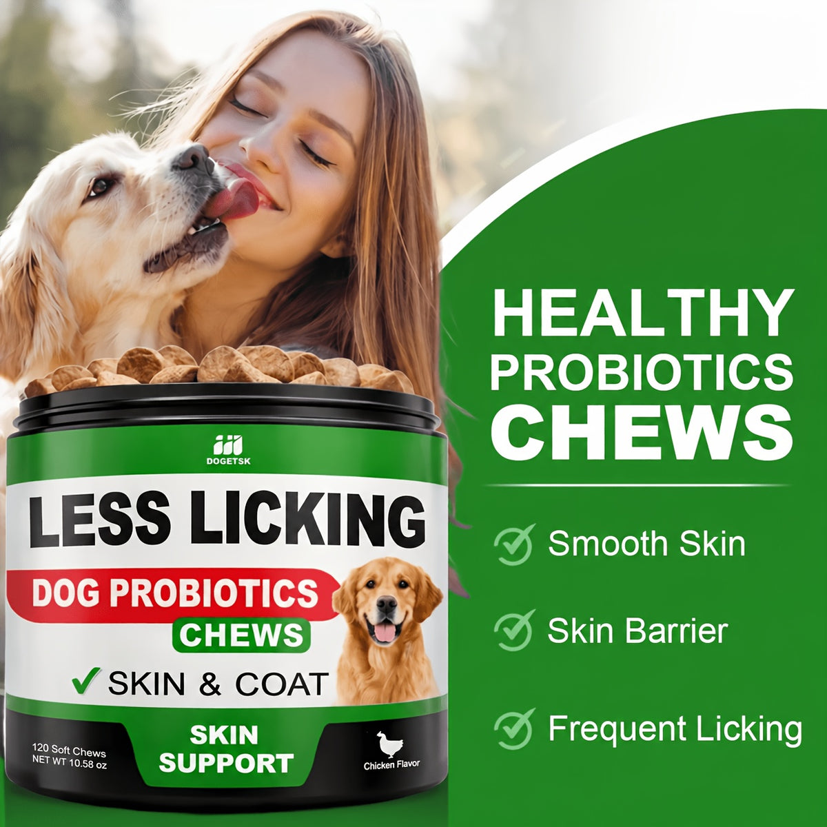 Dog Probiotic Chews Chicken Flavor, 120 Soft Chews per Container with Skin and Coat Care Labeling, Canine Supplement in 1 or 2 Unit Options