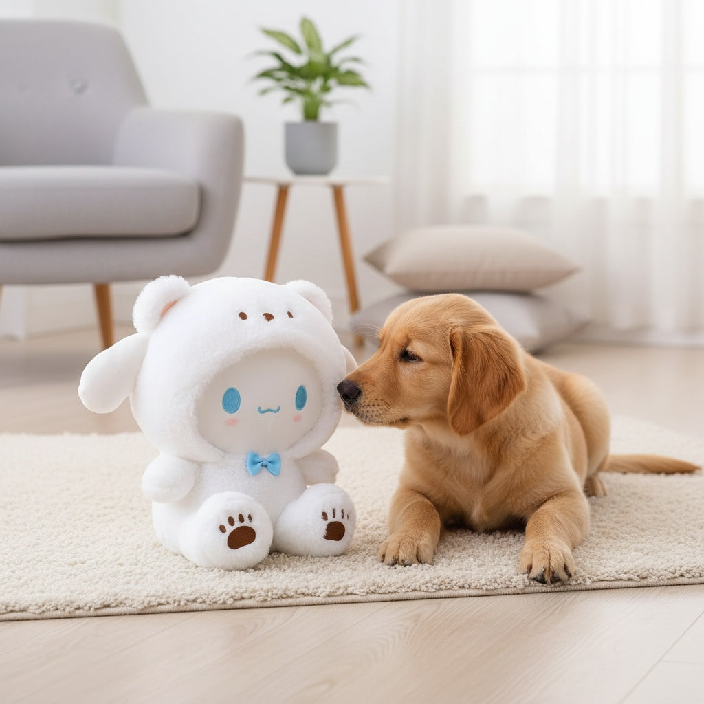 Character Plush Dog Toy with Soft Cushioned Texture, Battery-Free Pet Companion in White, Purple or Blue for Supervised Gentle Indoor Play