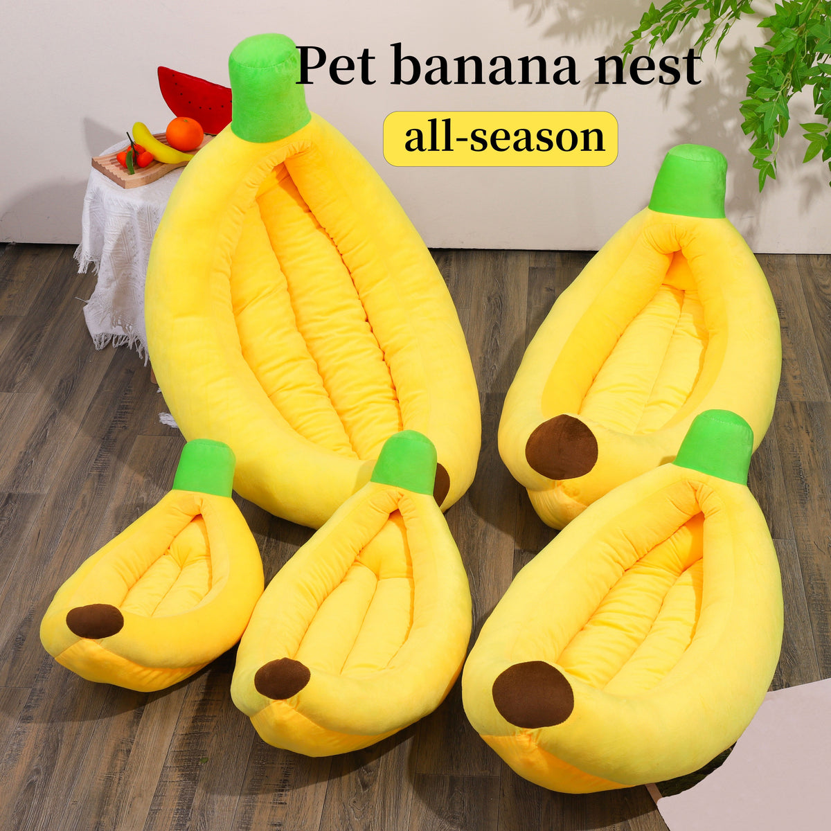 Banana Cat Bed in Yellow Plush, Fruit-Shaped Pet Nest with Raised Sides for Cats and Small to Medium Dogs, S L XL and 2XL Size Options