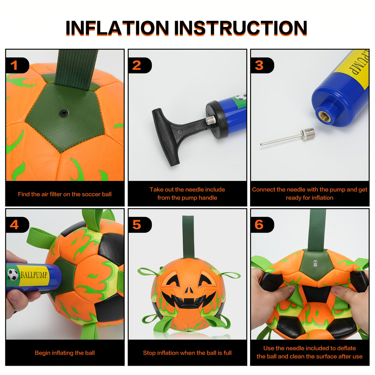 Halloween Pumpkin Dog Ball with Grab Tabs, Orange Jack-O-Lantern Fetch Toy with Carry Strap for Interactive Outdoor Play and Seasonal Pet Gifts