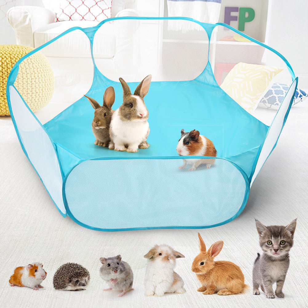 Pop Up Small Animal Playpen with Open Top Mesh Sides and Waterproof Bottom, Blue Foldable Exercise Pen for Supervised Hamster and Guinea Pig Play
