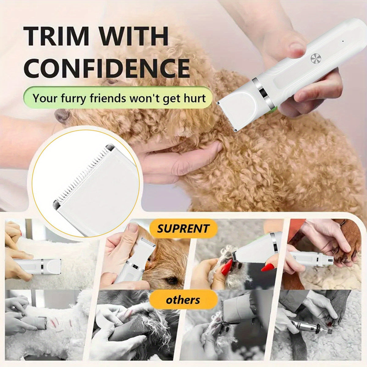Dog Grooming Kit with Interchangeable Heads, USB Rechargeable Cordless Pet Hair Clipper with 4 Guide Combs, Steel Scissors and Comb for Home Trimming