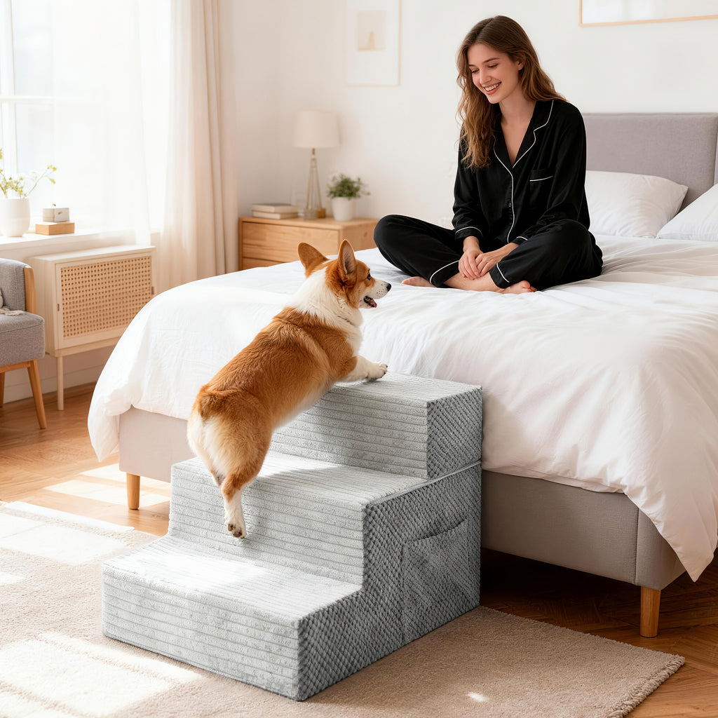 Convertible Dog Stairs with Side Pocket, Dark Gray 3-Step Non-Slip Pet Steps and Ramp for Small Dogs to Reach Suitable Beds, Couches and Chairs
