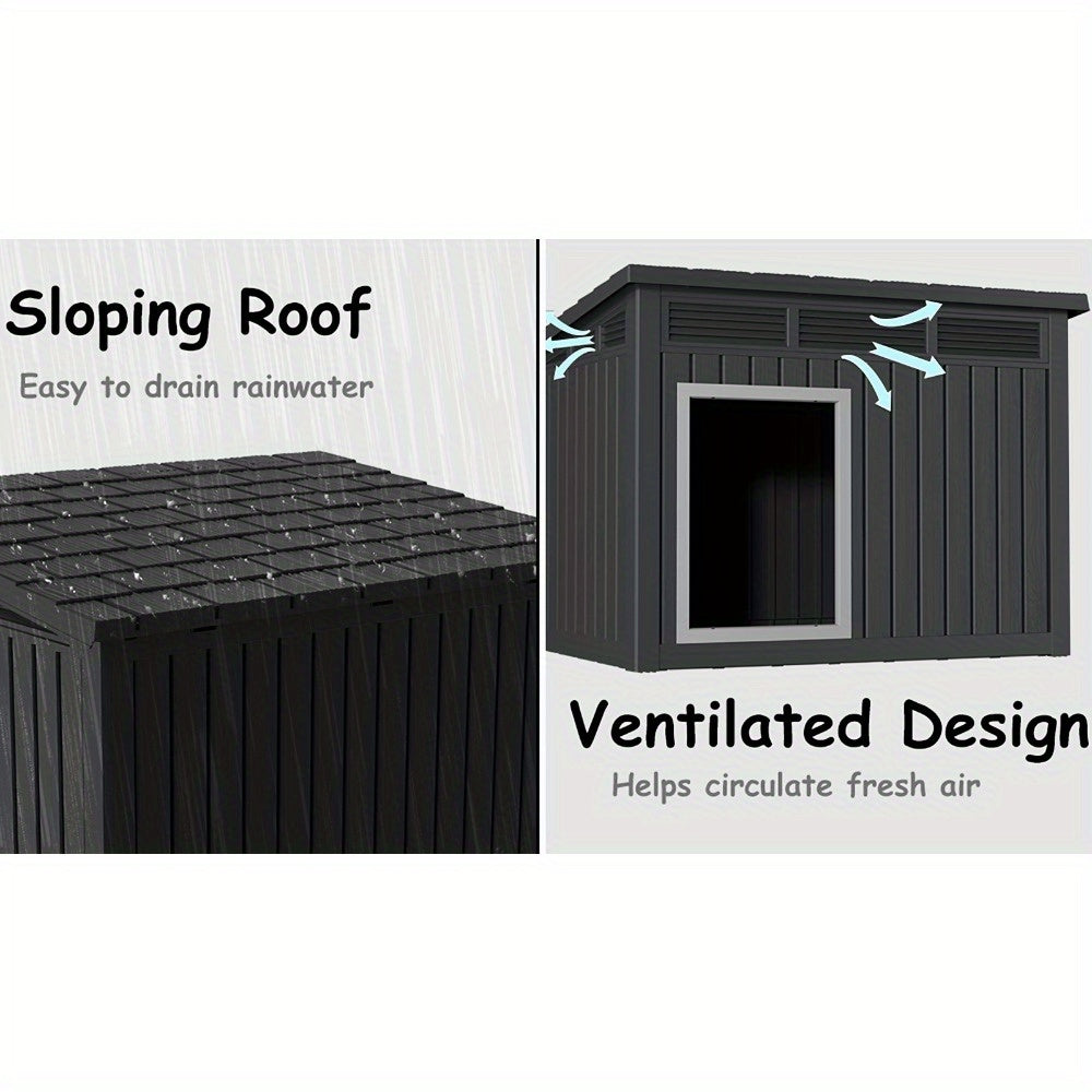 Resin Dog House 33 Inch with Slanted Roof and Ventilation Openings, UV-Resistant Outdoor Pet Shelter in Black or Grey for Backyard Rest