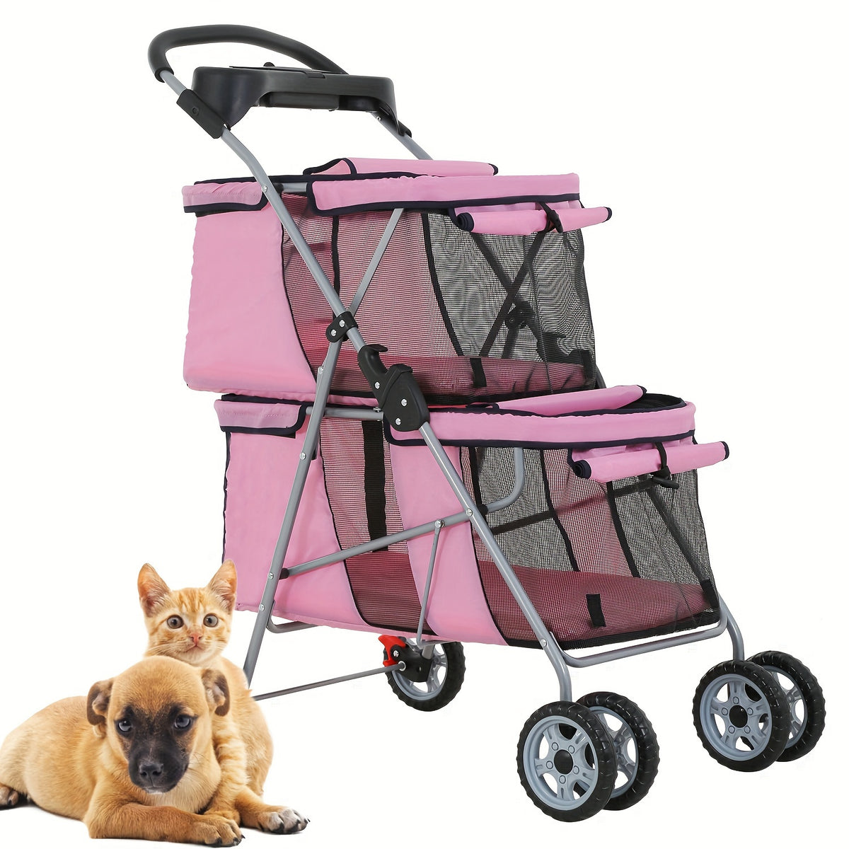 Double Decker Pet Stroller for Dogs and Cats, Foldable Four-Wheel Travel Pushchair with Cup Holder in Black or Pink for Small to Medium Pets