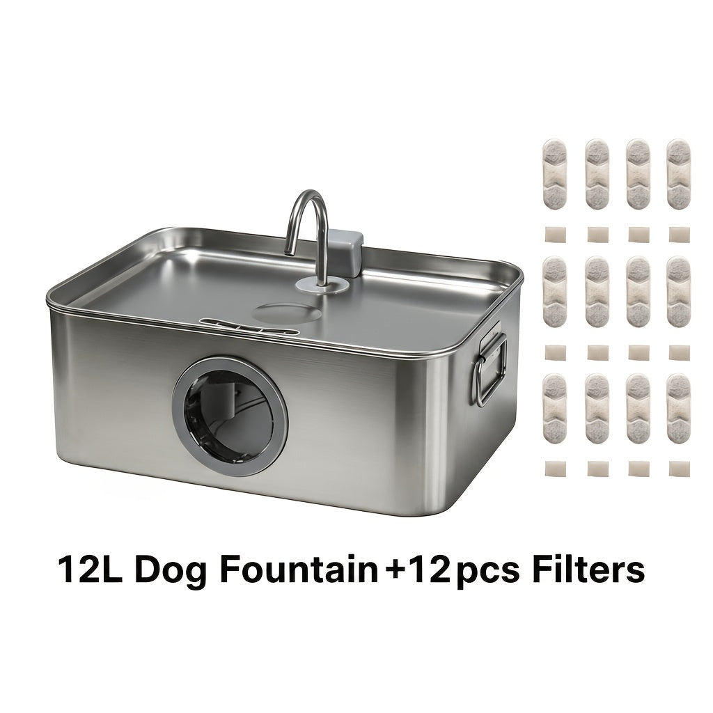 Stainless Steel Dog Water Fountain 12L 3.2 Gal for Large Dogs and Multi-Pet Homes, Ultra Quiet Pet Water Dispenser with Water Level Window, Dry Burn Protection and Red Blue Indicator Lights, Easy to Clean, Without Battery