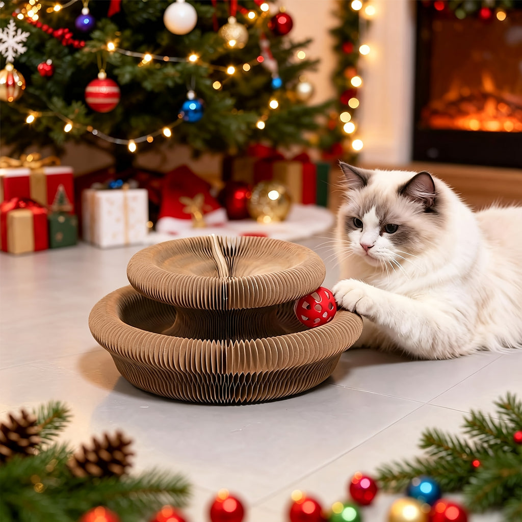 Expandable Cat Scratcher Toy 2-Pack, Curly Corrugated Cardboard Scratching Board with Ball for Indoor Cats, Retractable Scratch Pad for Daily Play