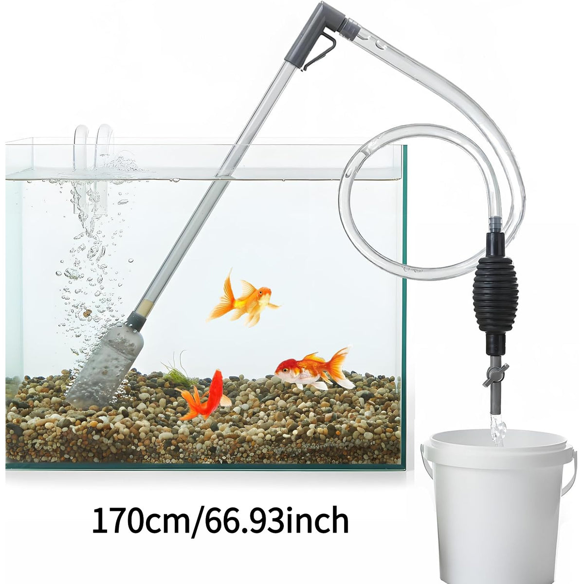 Manual Aquarium Gravel Cleaner, 66.93-Inch Gray Reinforced Siphon for Fish Tank Water Changes and Debris Removal, Freshwater and Saltwater Use