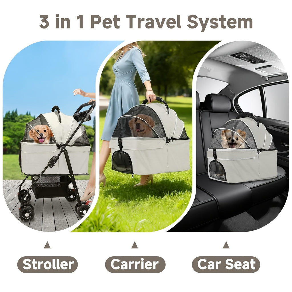 Convertible Pet Stroller with Removable Carrier, Foldable Dog and Cat Pushchair with Mesh Canopy, Storage Basket and Cup Holder in Four Colors