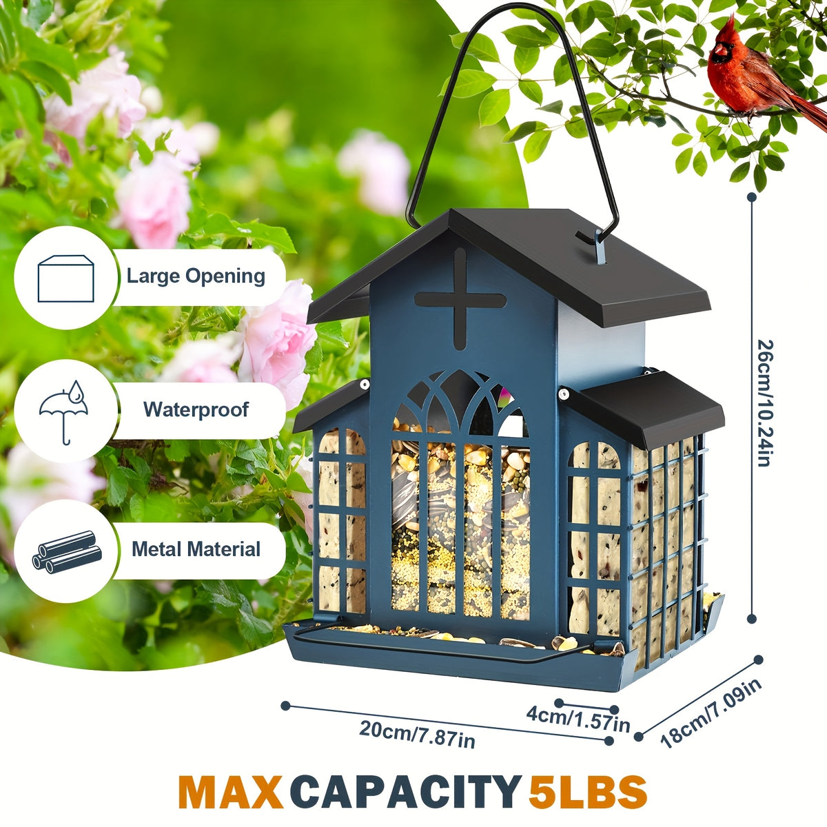 Vintage Metal Bird Feeder for Outside, Triple Mesh Seed Feeding Areas with Hanging Chains and Decorative Window Cut-Outs for Backyard Birdwatching