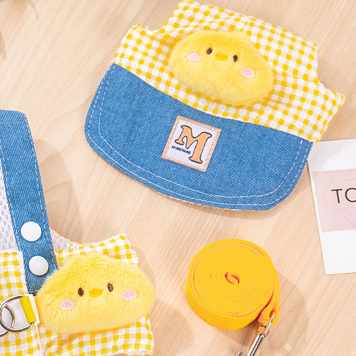 Plaid Dog Harness and Leash Set with Matching Visor Hat, Yellow Gingham Adjustable Mesh Chest Vest for Small to Medium Dogs, XS-XL Walking Outfit