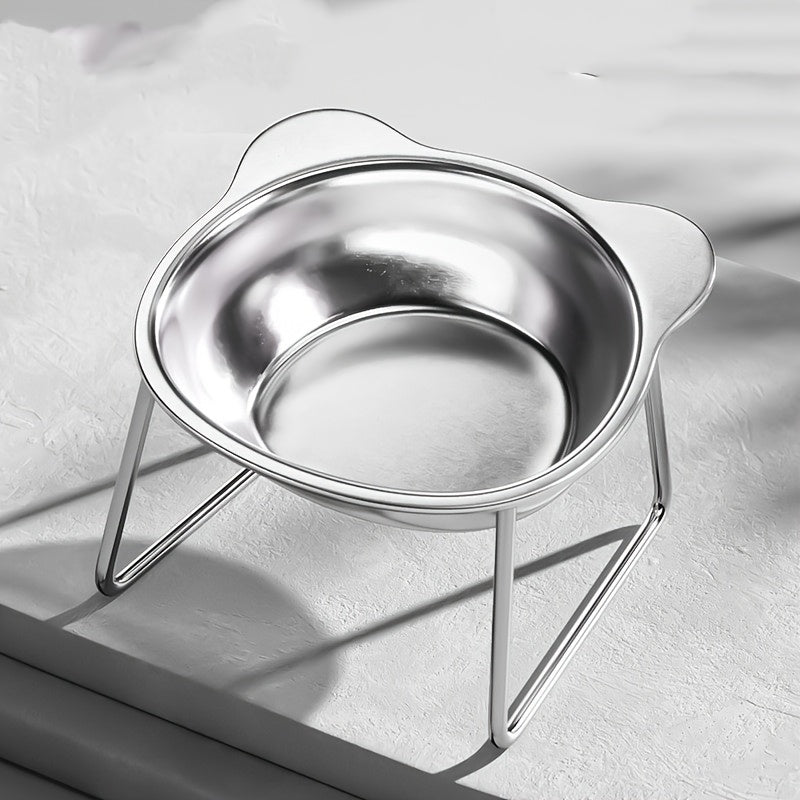 Tilted Cat Bowl with Metal Stand, 304 Stainless Steel Raised Feeding Dish with Cat-Ear Rim and 15 Degree Angle for Everyday Indoor Cat Meals