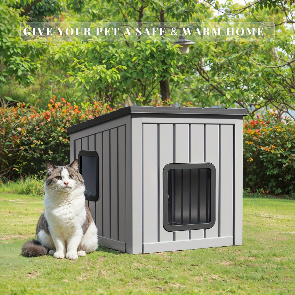 Roofed Outdoor Cat Shelter in Grey, Cozy Pet Resting House for Covered Porches and Secure Balconies, Dedicated Cat Hideaway for Everyday Rest