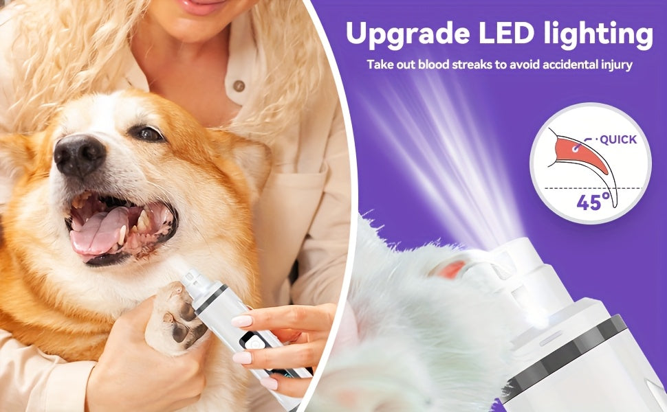 Dog Nail Grinder with LED Light, Quiet 3-Speed Rechargeable Pet Nail Trimmer with 3 Grinding Ports and Diamond Bit for Small, Medium and Large Dogs and Cats