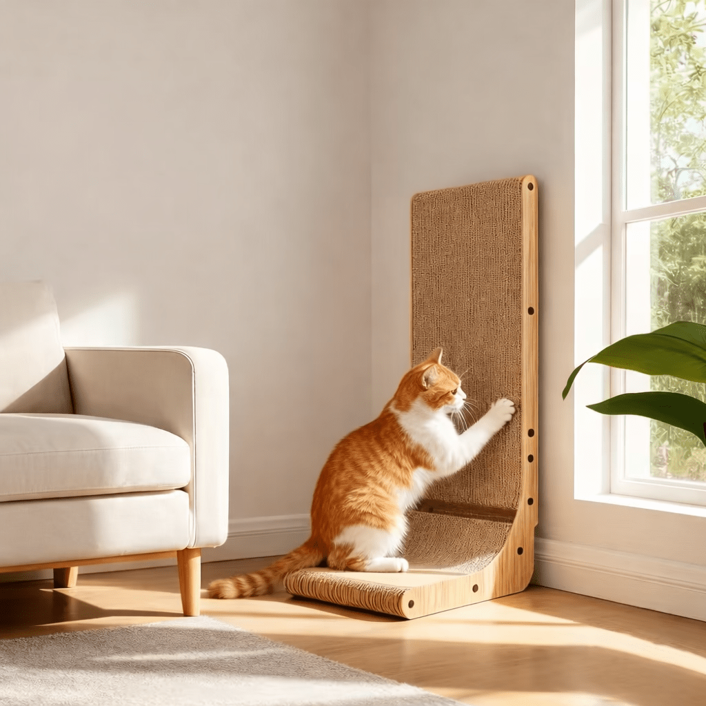 Wood Frame Cardboard Cat Scratcher, XL 24.8 Inch L-Shaped Vertical and Floor Scratching Board with Replaceable Pads and Jingle Toy Ball