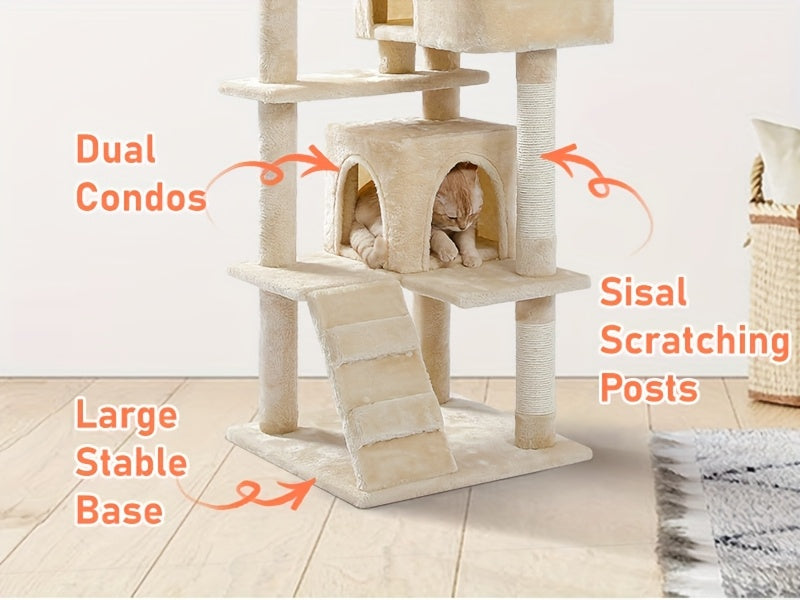Cat Tree with Oversized Top Perch, 56.3 Inch Multi-Level Indoor Cat Tower with Hammock, Two Condo Hideaways and Scratching Posts, Five Colors