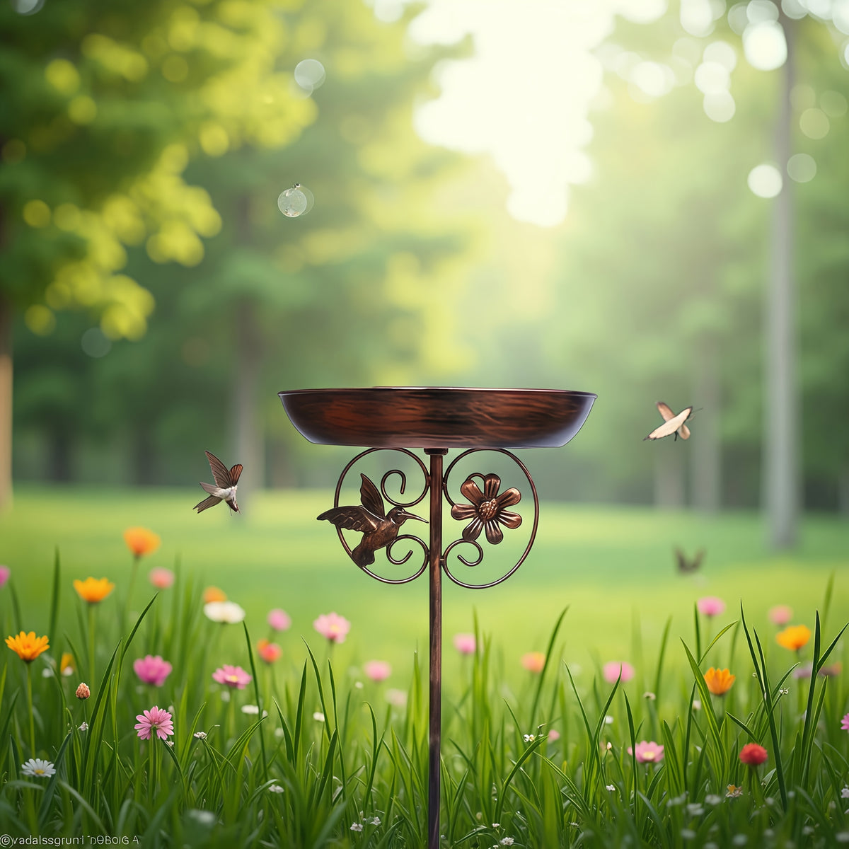 Bird Bath with Sunflower and Hummingbird Accents, Bronze Metal Outdoor Basin with 5-Claw Ground Stake for Garden and Backyard Decor, No Fountain
