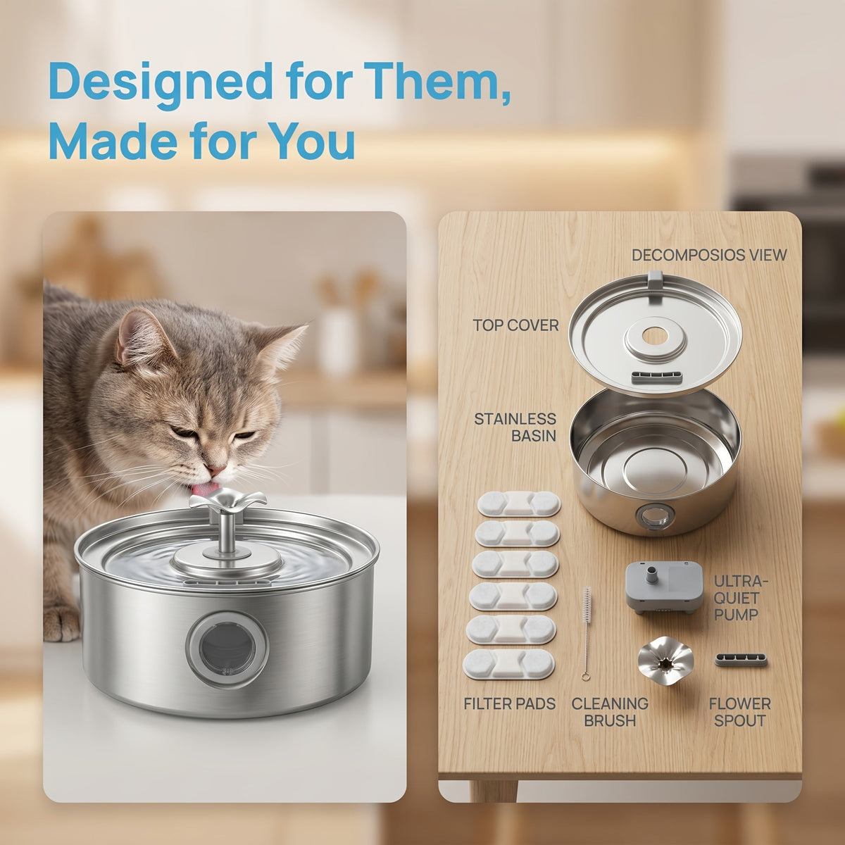 Dog Water Fountain 7L with Flower Head, 304 Stainless Steel Pet Drinking Dispenser with Water Level Window and Filter Bundle Options for Multi-Pet Homes