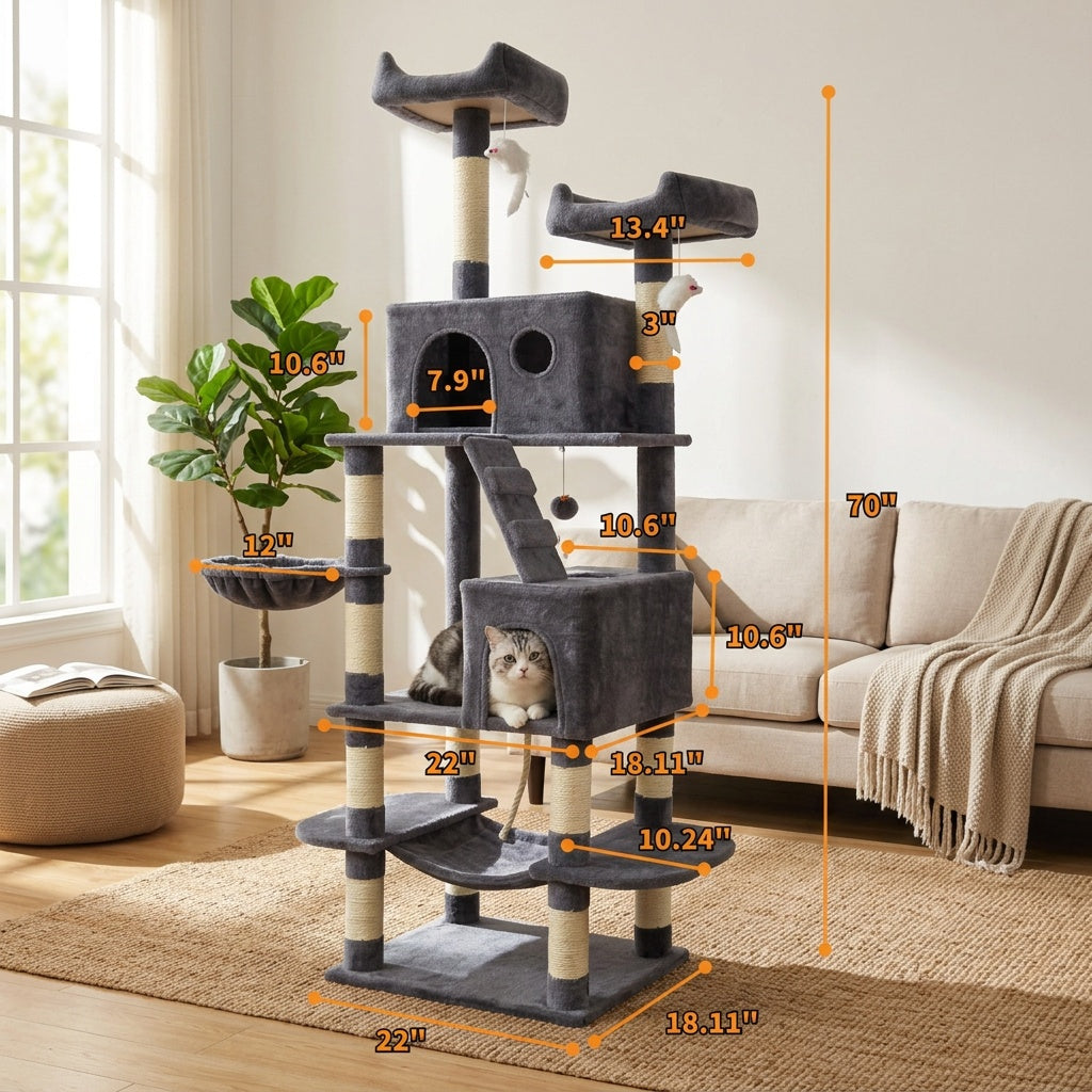 Cat Tree with Wide Base, 52.5 to 70 Inch Multi-Level Indoor Cat Tower with Plush Condo, Hammock and Sisal Scratching Posts for Climbing and Rest