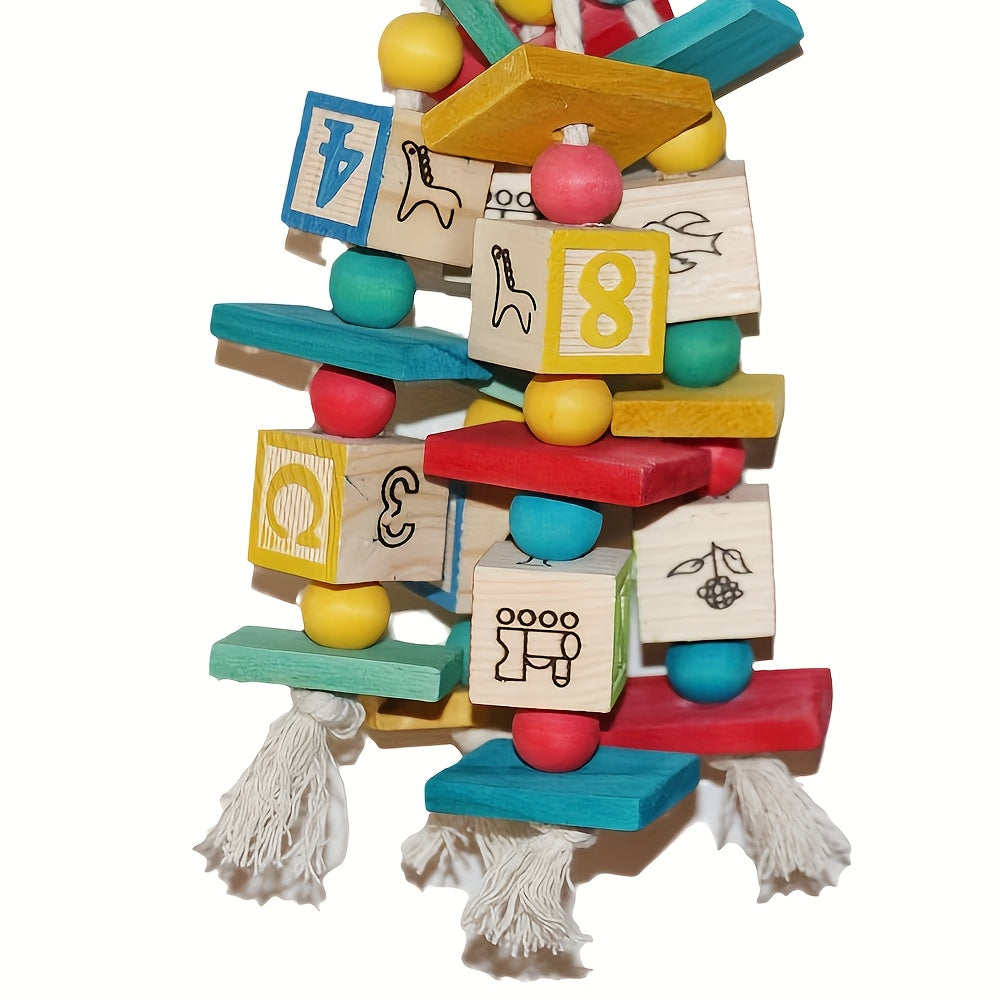 Wooden Parrot Activity Toy with Number and Letter Blocks, Colorful Hanging Bird Chew Toy with Beads and Rope Tassels for Medium and Large Birds