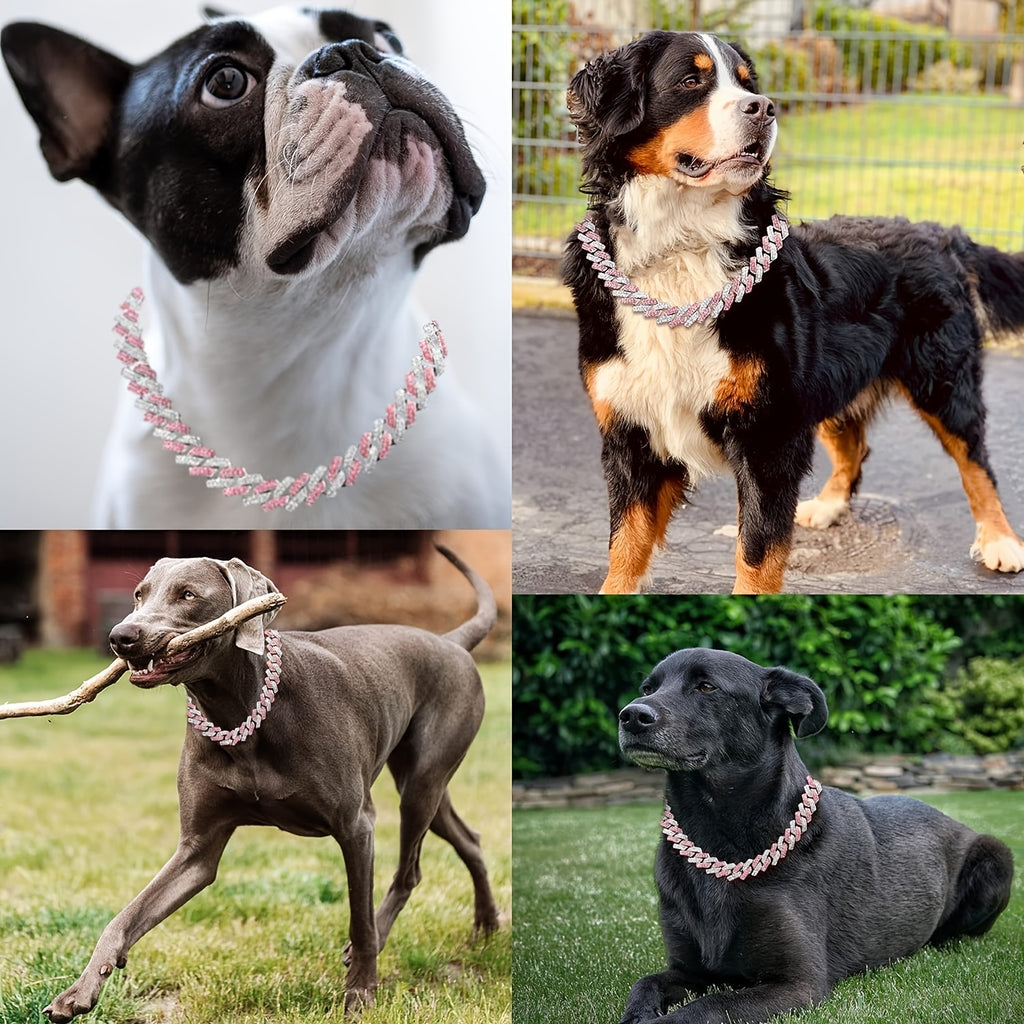 Crystal Cuban Chain Dog Collar, Adjustable 15mm Pet Necklace with Flip Lock for Dogs and Cats, Pink or Sky Blue Photo and Party Accessory