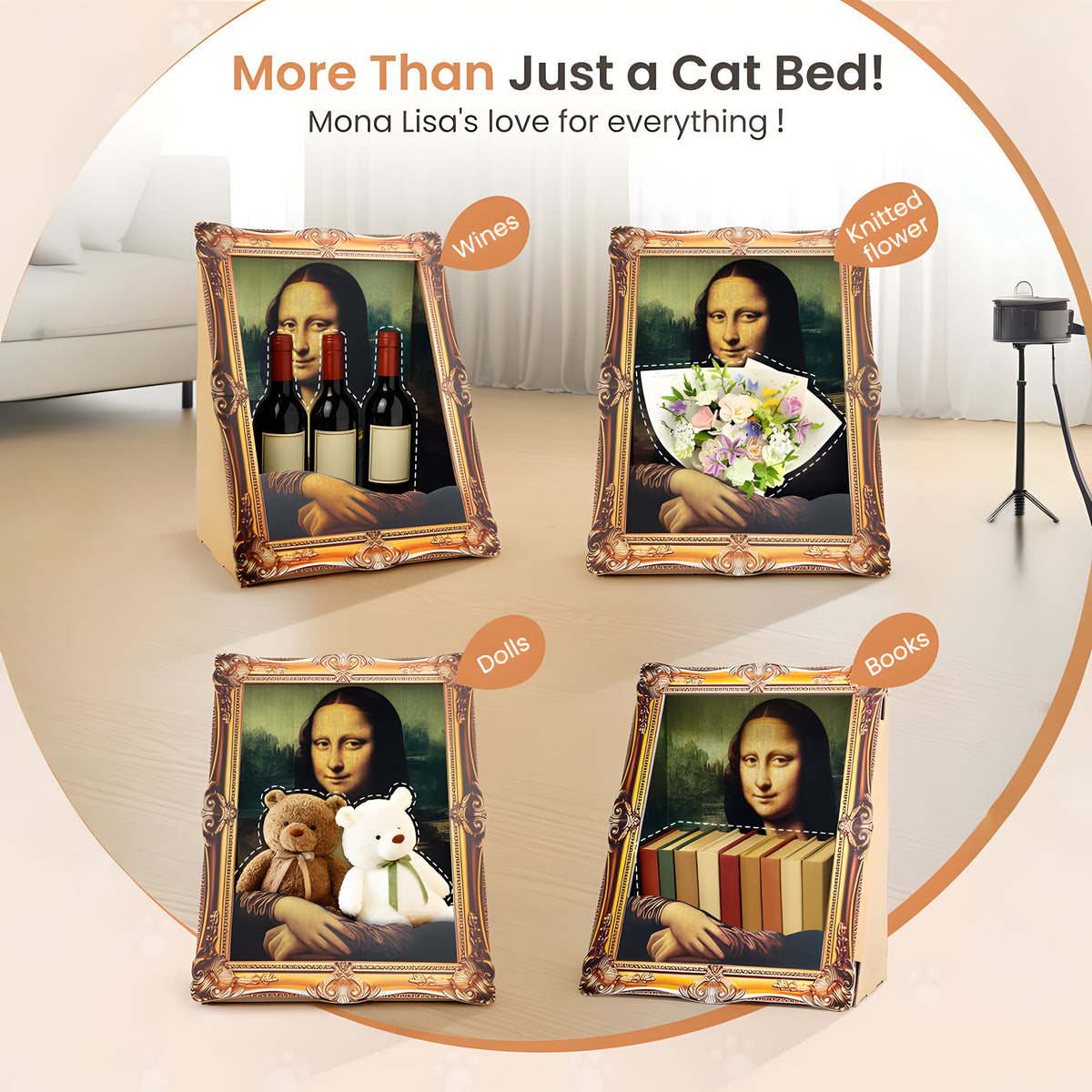Mona Lisa Cat Scratcher Bed with Art Frame, Easy-to-Assemble Cardboard Cat Condo for Indoor Scratching, Resting and Creative Home Decor