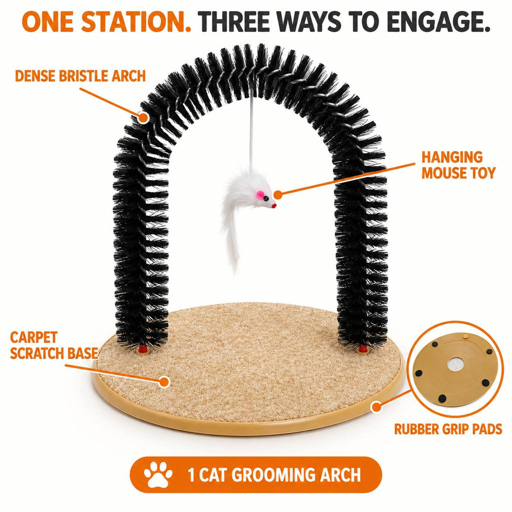 Cat Self Grooming Arch 3-in-1 Activity Station for Rubbing, Scratching and Play, Everyday Cat Enrichment Spot for Home Grooming Routines