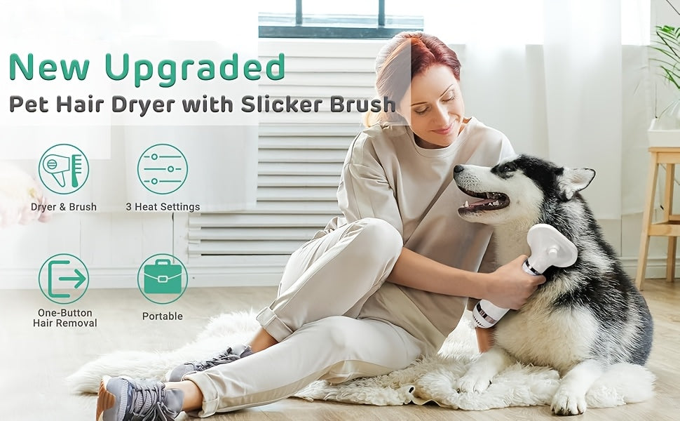 Dog Hair Dryer Brush 2-in-1 with One-Button Hair Removal, Corded Pet Grooming Slicker with 3 Heat Settings for Dogs and Cats, Gold Trim