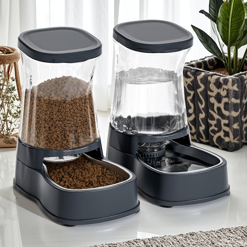 Dog Feeder and Water Dispenser Set, 2 x 1 Gallon Gravity-Fed Containers with Stainless Steel Bowls and Filter for Cats and Small to Medium Dogs